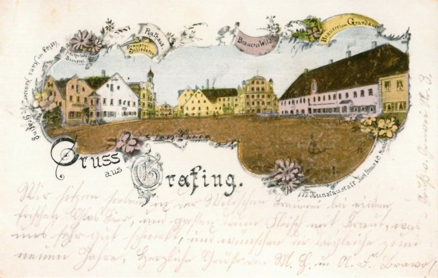 Alte Brauereien Bildpostkarte, mit kunstvoll illustriertem Motiv des Grafinger Stadtzentrums